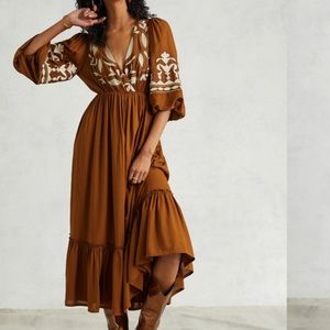 Anthropologie Let Me Be Embroidered Open Back Maxi / Midi Dress